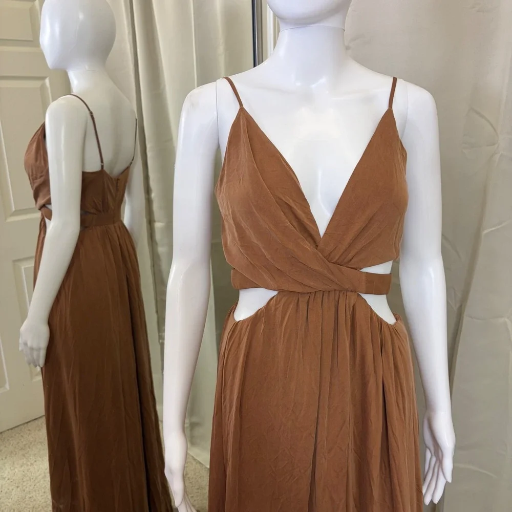 Stylestalker Rust Brown Cut Out Maxi Dress V-Neck High Slit Open Back Small